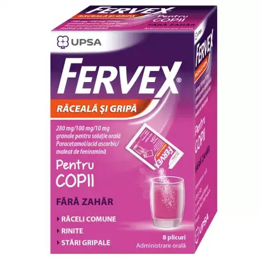 Fervex copii fara zahar 280mg/100mg/10mg x 8 plicuri