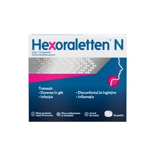 Hexoraletten N 5 mg+1,5 mg x 16 pastile